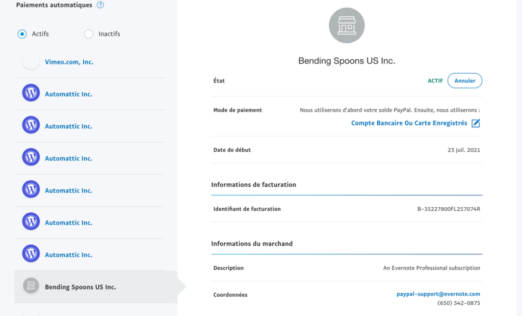 Page PayPal des paiements automatiques actifs