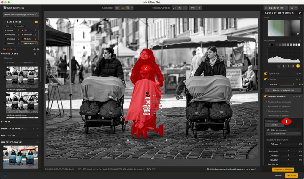 Édition photo noir et blanc avec masque rouge