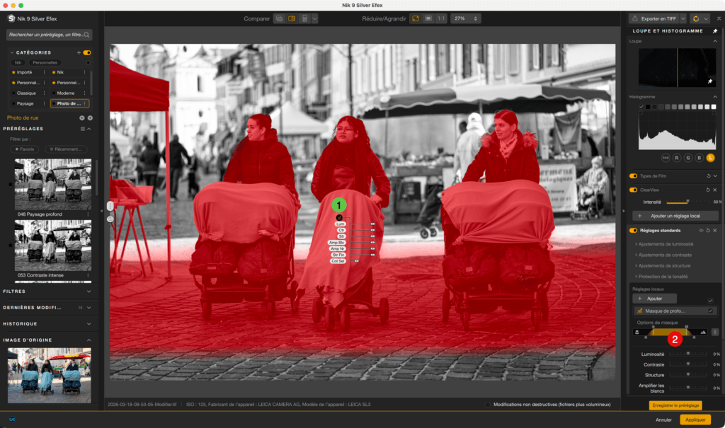 Édition photo noir et blanc avec masque rouge