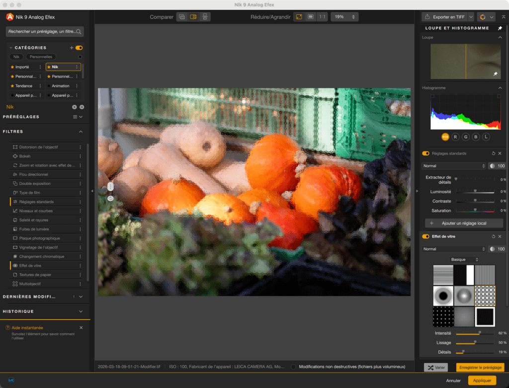 Interface Nik Analog Efex avec photo floutée de fruits