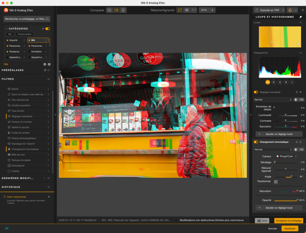 Interface Nik Analog Efex avec photo street food