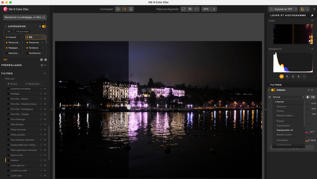 Ville nocturne avec reflets et comparaison avant/après