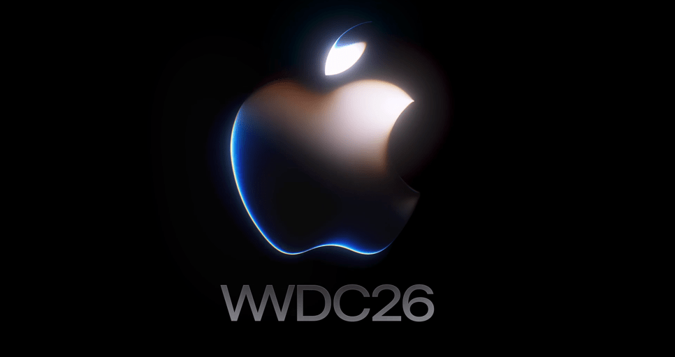 Logo Apple lumineux sur fond noir, WWDC26