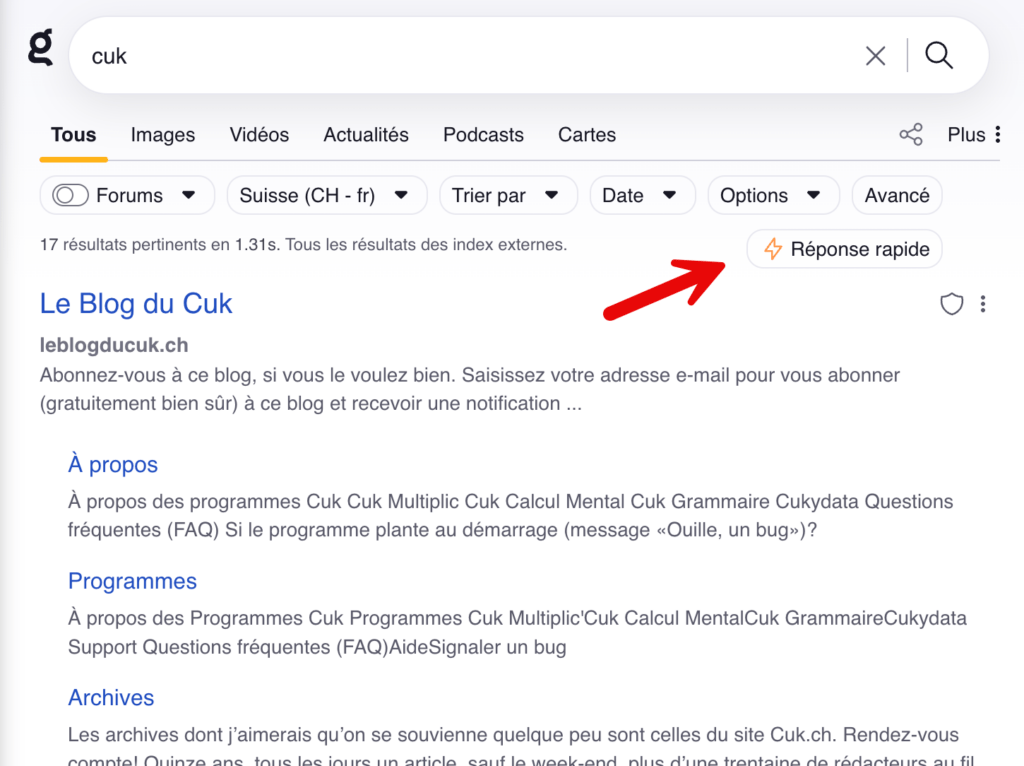 Résultats Google pour Cuk avec réponse rapide