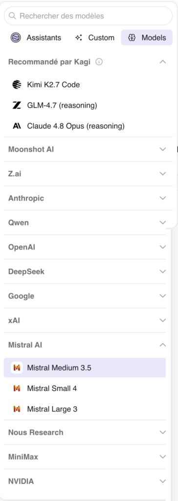 Liste de modèles IA avec Mistral sélectionné