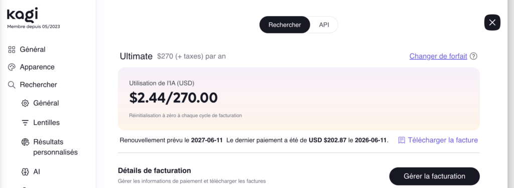 Page facturation Kagi Ultimate utilisation IA