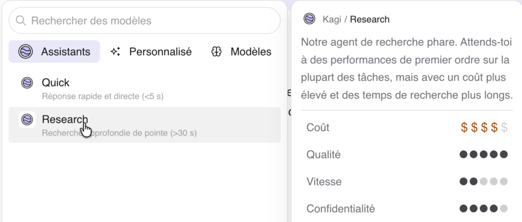 Interface assistant Kagi Research sélectionné