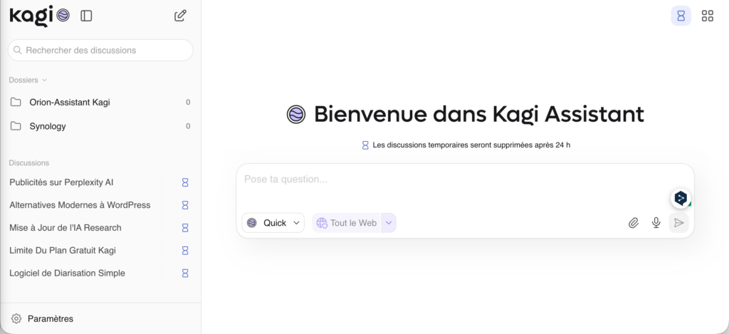 Interface d’accueil de Kagi Assistant en français
