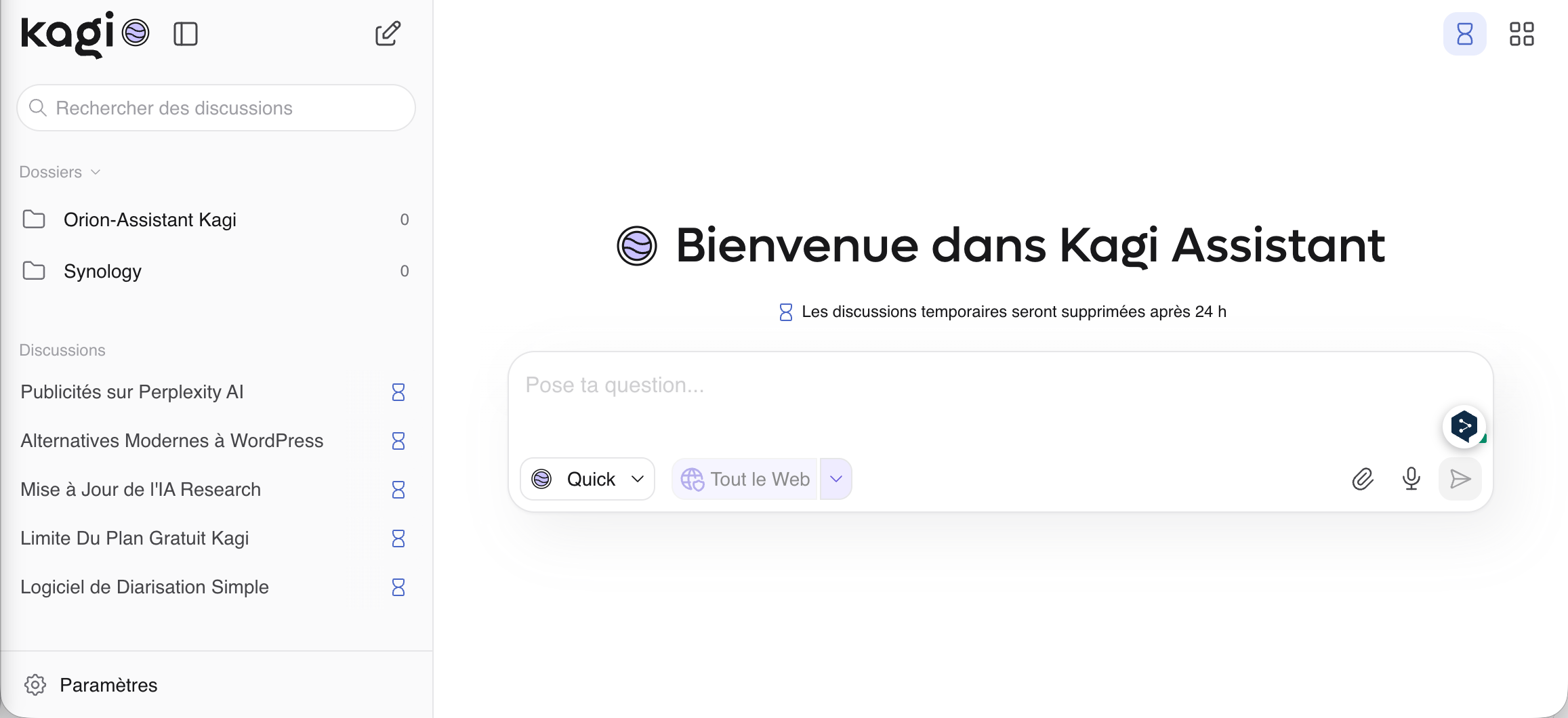 Interface d’accueil de Kagi Assistant en français