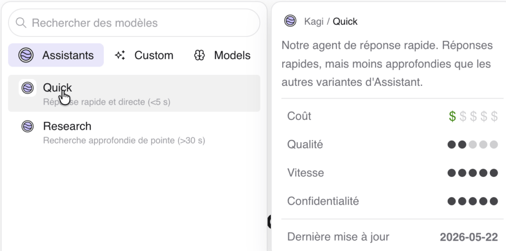 Interface de sélection de l’assistant Kagi Quick