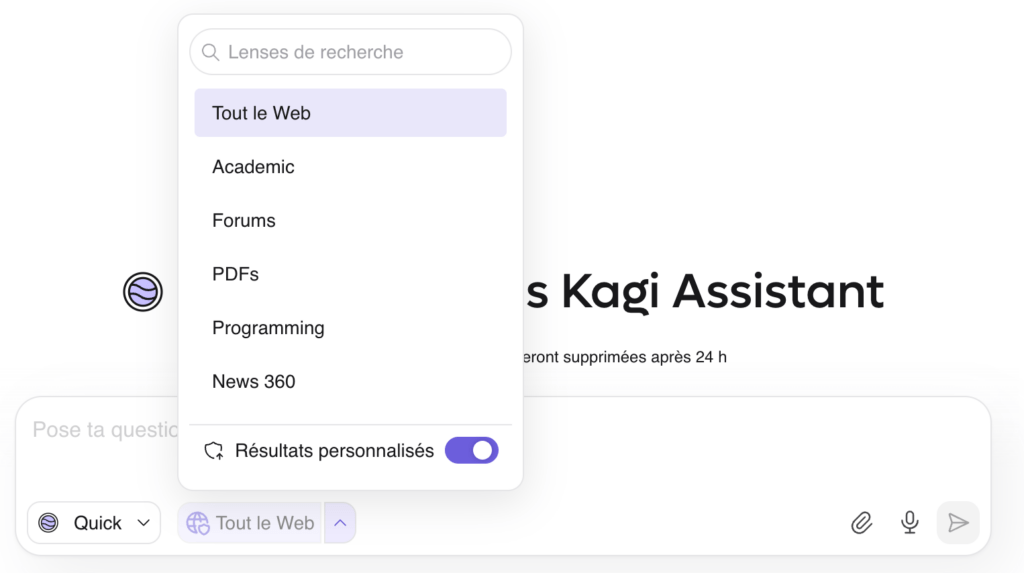 Menu déroulant des lenses de recherche Kagi