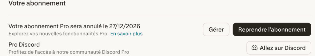 Page abonnement Pro avec options de gestion